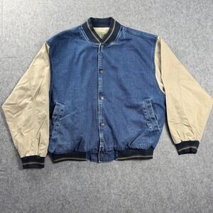VTG Mustang Mens Denim Varsity Bomber Jacket XL Blue Tan Canvas Sleeves 90s